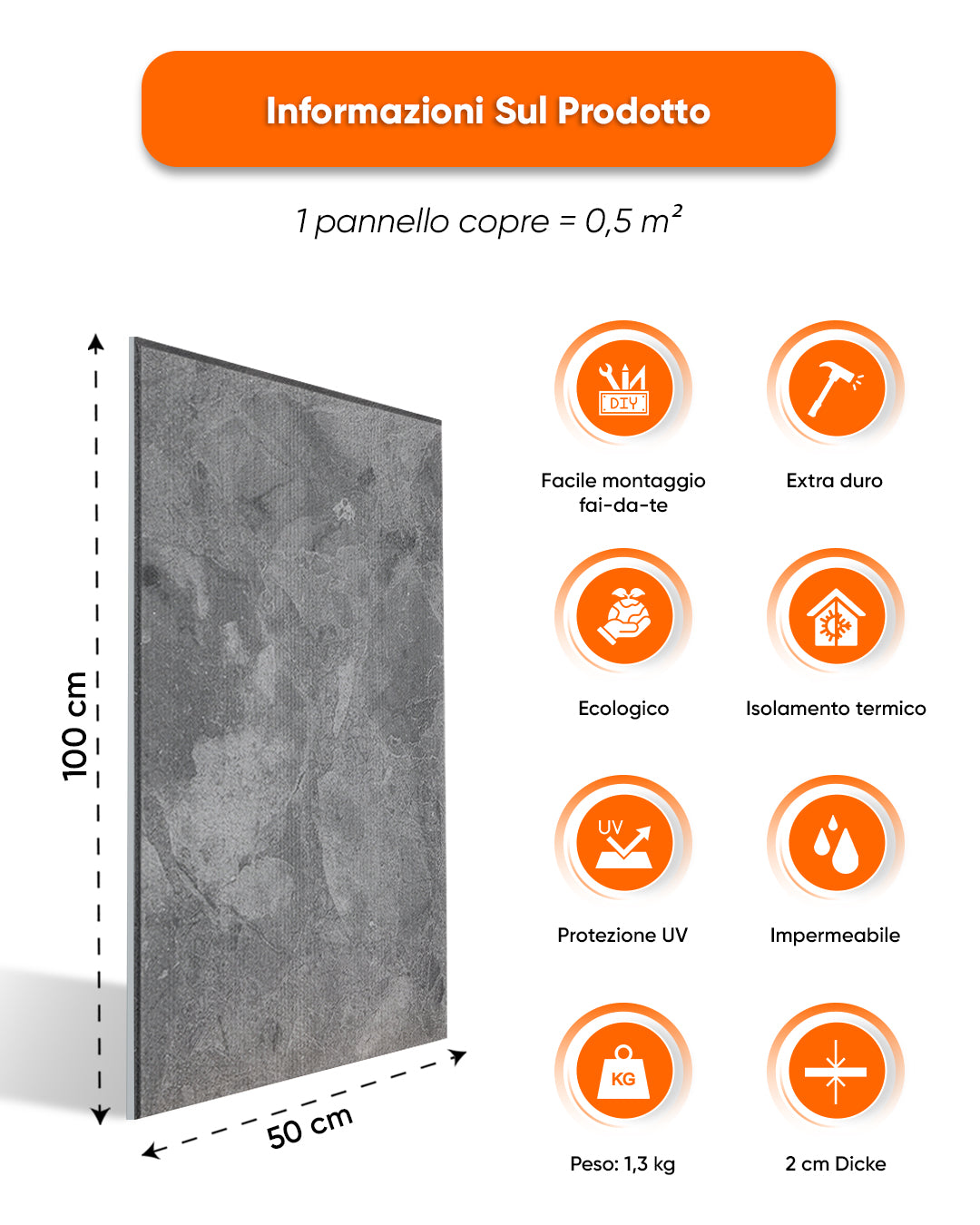 Rivestimento murale effetto cemento 50×100×2 cm | Pannelli murali 3D in polistirolo | Storm Grey Concrete AT-04