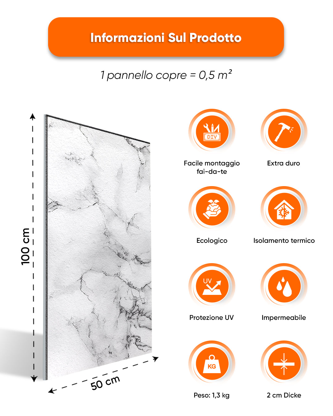 Rivestimento parete effetto marmo 50×100×2 cm | Pannelli murali 3D in polistirolo | Carrara Bianco AT-05
