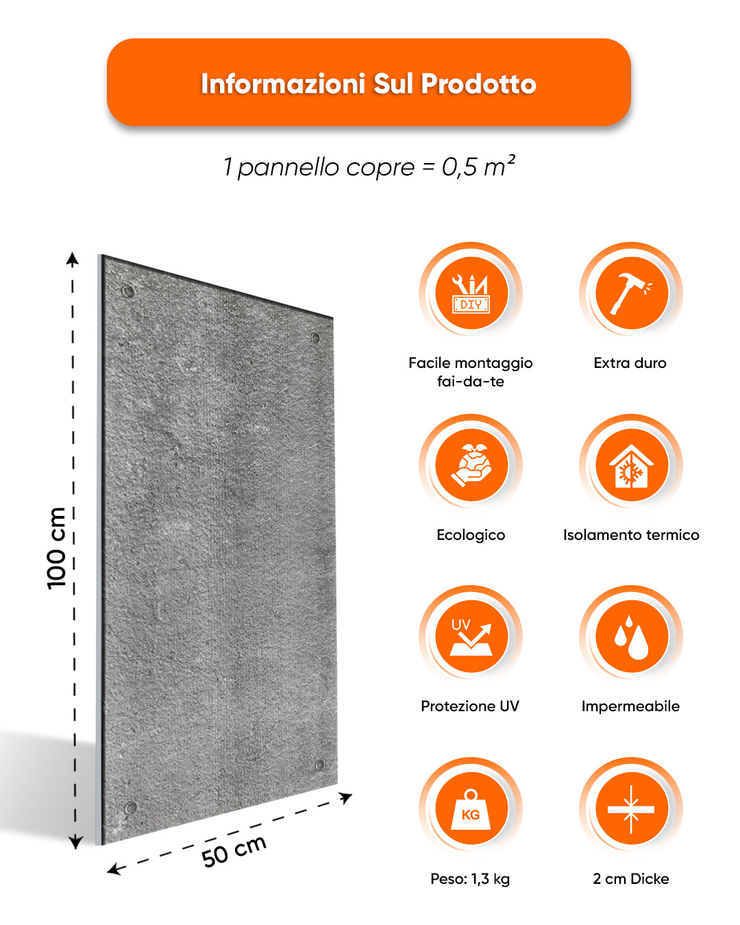Rivestimento parete effetto cemento 50×100×2 cm | Pannelli murali 3D in polistirolo | Dark Concrete AT-17