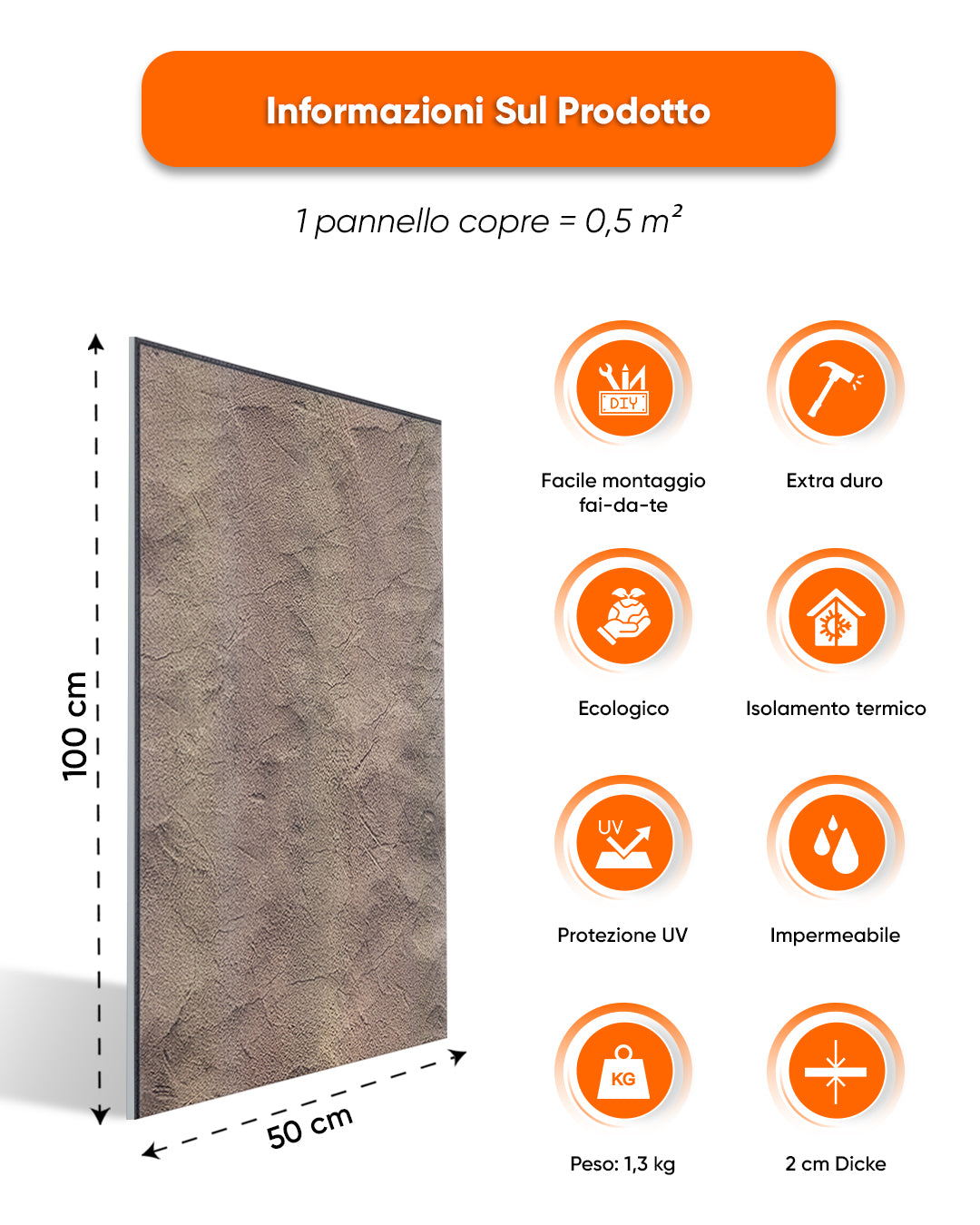 Rivestimento murale effetto cemento 50×100×2 cm | Pannelli murali 3D in polistirolo | Desert Concrete AT-25