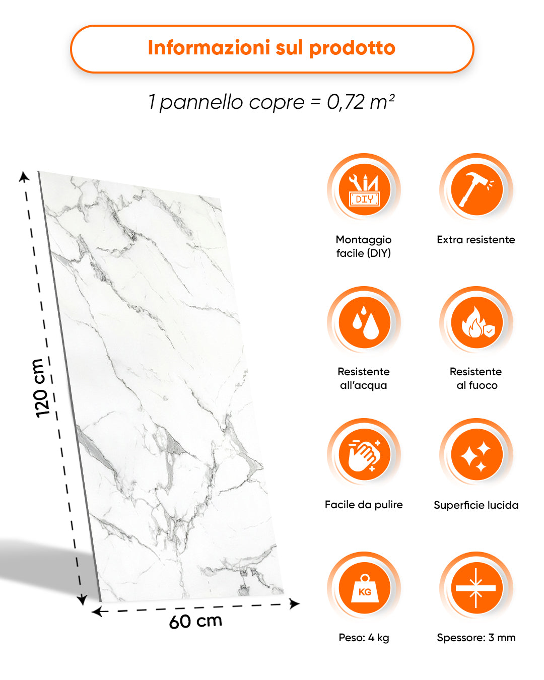Pannello da parete effetto marmo 60x120 cm | Rivestimento murale in PVC effetto marmo | Carrara