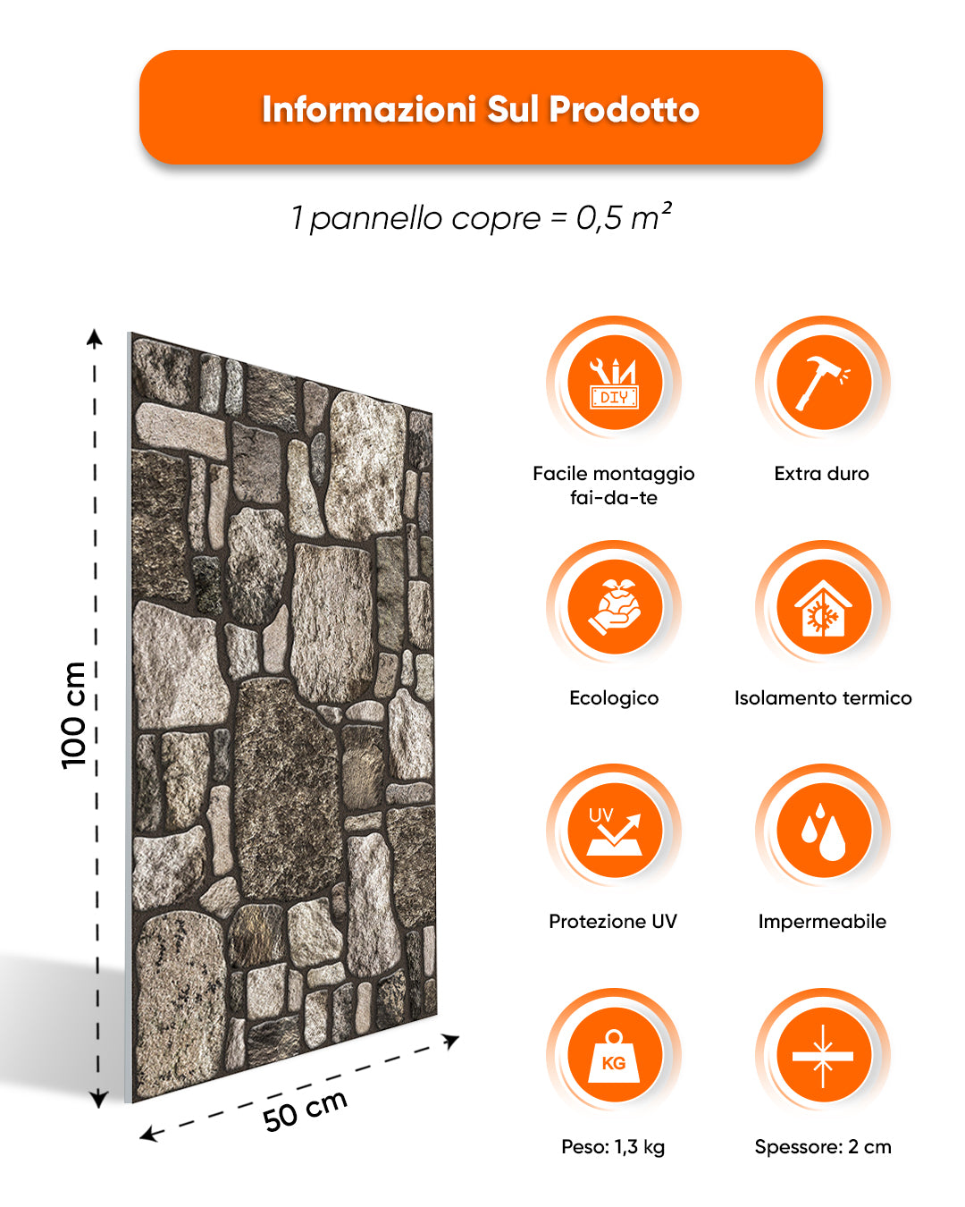 Rivestimento Parete Effetto Pietra 50x100x2 cm | Pannelli Parete 3D in Polistirolo - Tradition Stone KR-8