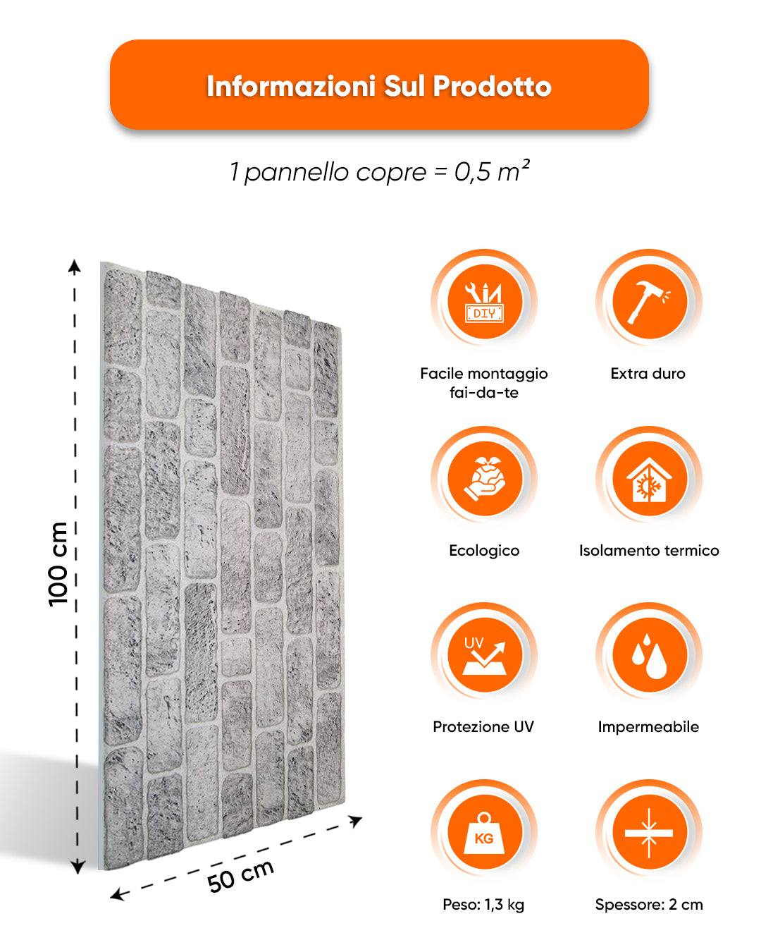 Rivestimento Parete Effetto Pietra 50x100x2 cm | Pannelli Parete 3D in Polistirolo - White Grey L-1702