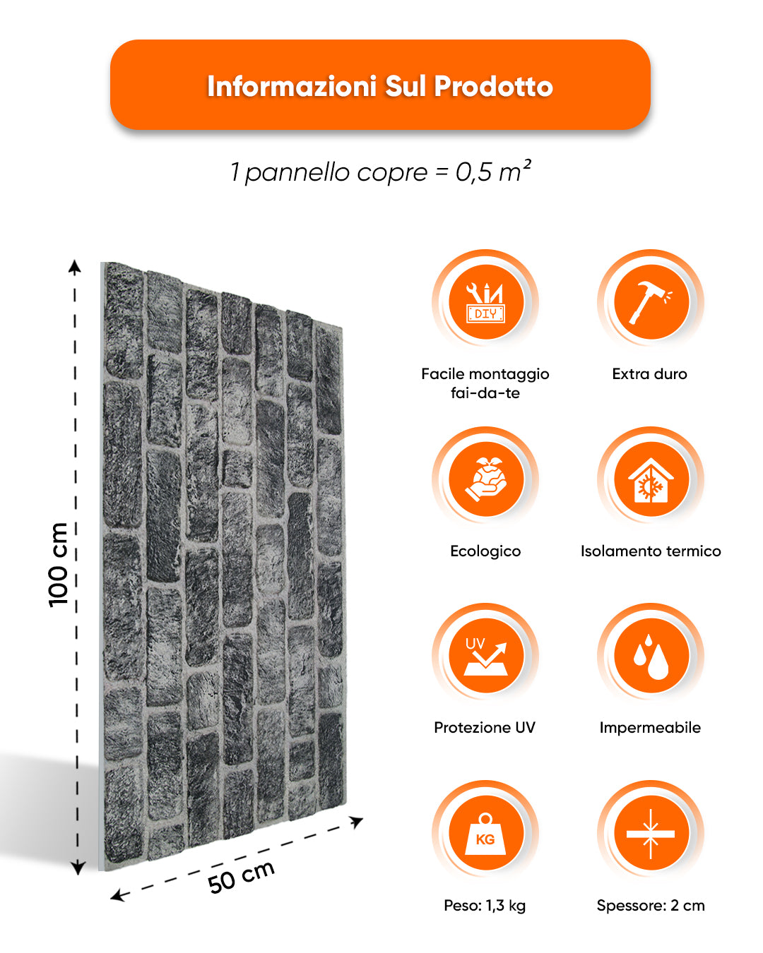 Rivestimento Parete Effetto Pietra 50x100x2 cm | Pannelli Parete 3D in Polistirolo - Old Town L-1703