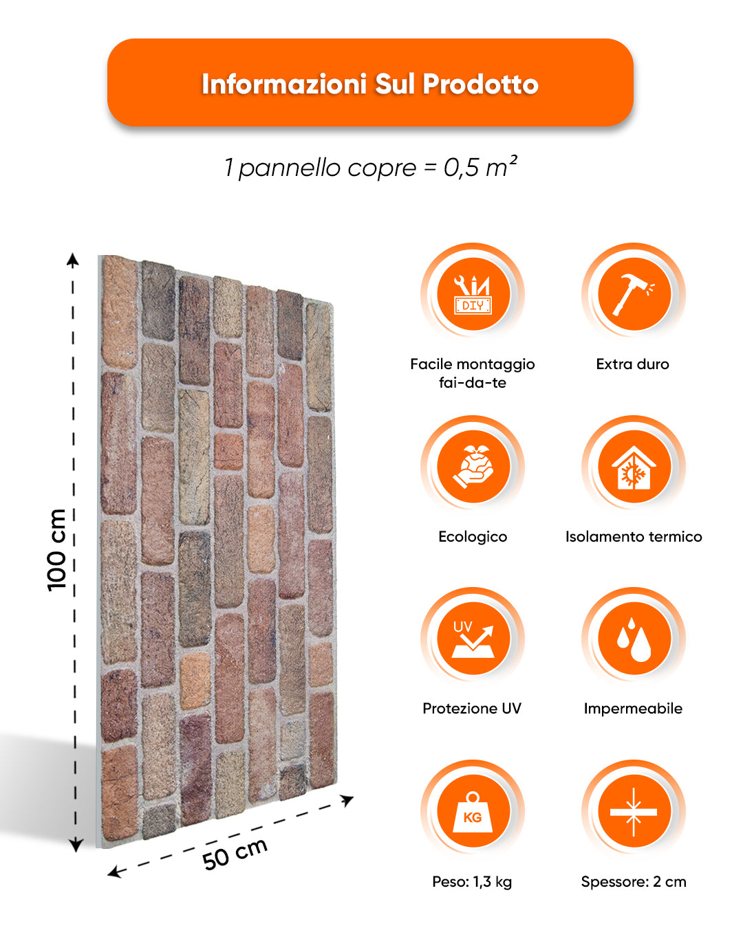 Rivestimento Parete Effetto Pietra 50x100x2 cm | Pannelli Parete 3D in Polistirolo - Cross Town L-1713