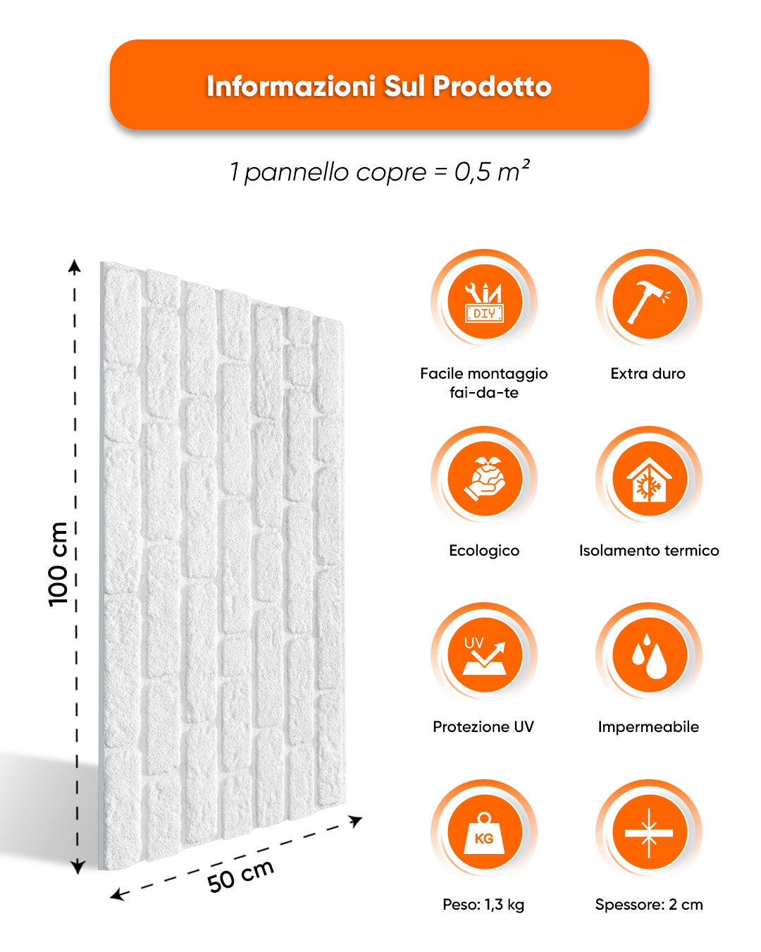 Rivestimento Parete Effetto Pietra 50x100x2 cm | Pannelli Parete 3D in Polistirolo - White Snow L-1900