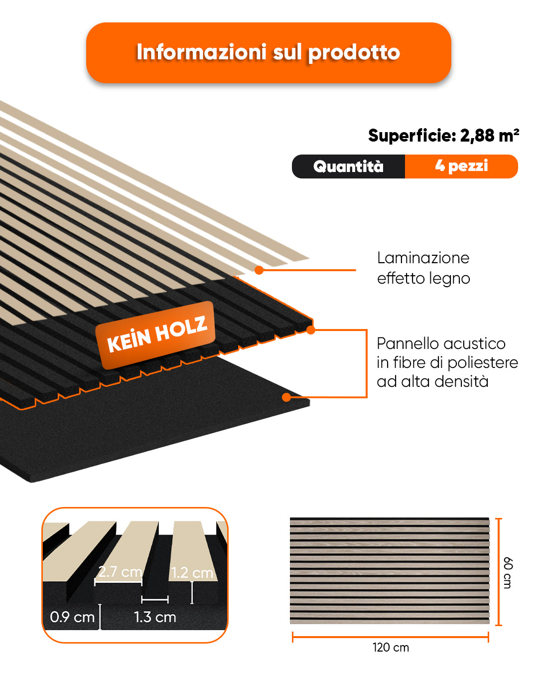 Pannelli Acustici da Parete in Feltro – Set da 4 – 120×60×2,1 cm – Light Oak