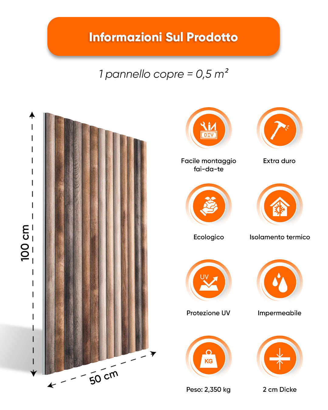 Rivestimento murale effetto legno 50×100×2 cm | Pannelli murali 3D in polistirolo | Rustic Wood OP-02