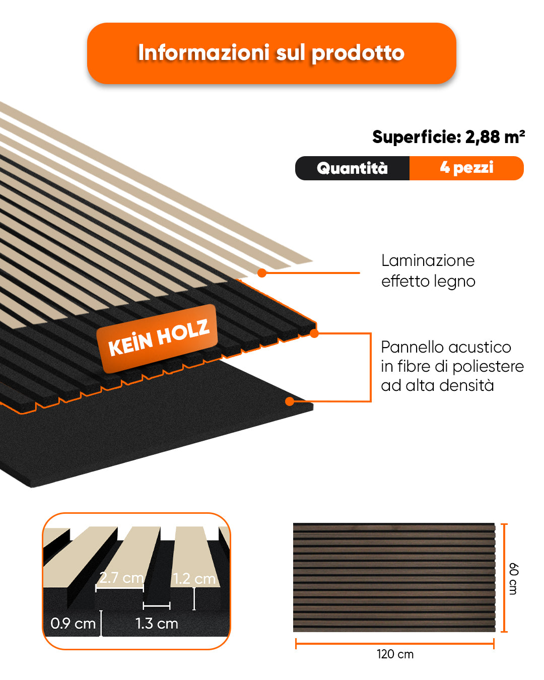 Pannelli Acustici da Parete in Feltro – Set da 4 – 120×60×2,1 cm – Smoke Walnut