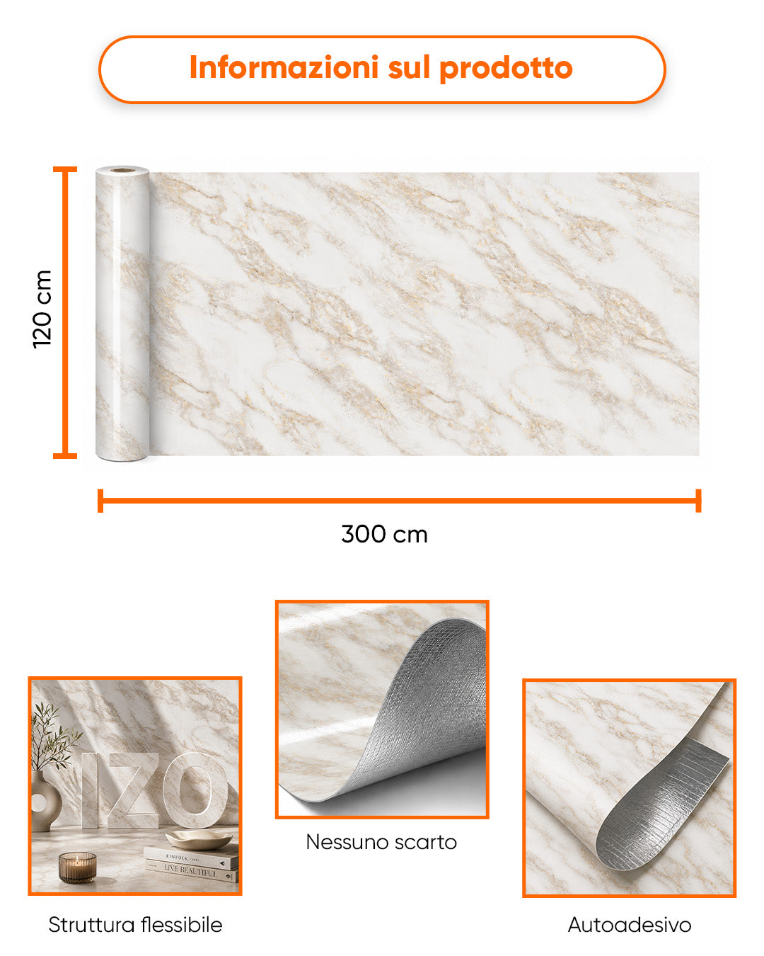 Rivestimento murale effetto marmo 120×300 cm - spessore 2,5 mm | Autoadesivo, flessibile e arrotolabile | Gold Vein Marble