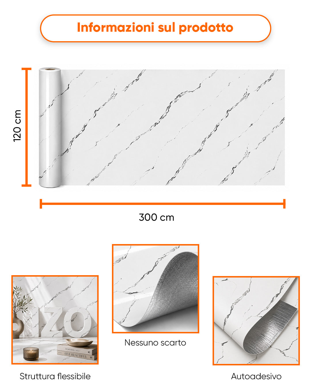 Rivestimento murale effetto marmo 120×300 cm - spessore 2,5 mm | Autoadesivo, flessibile e arrotolabile | Silver Vein Marble