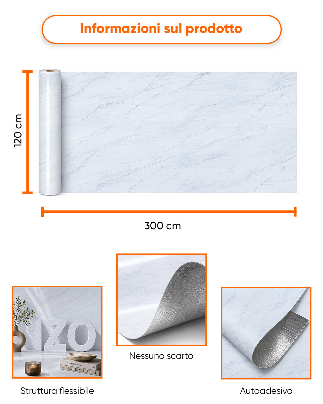 Rivestimento murale effetto marmo 120×300 cm - spessore 2,5 mm | Autoadesivo, flessibile e arrotolabile | Arctic White Marble