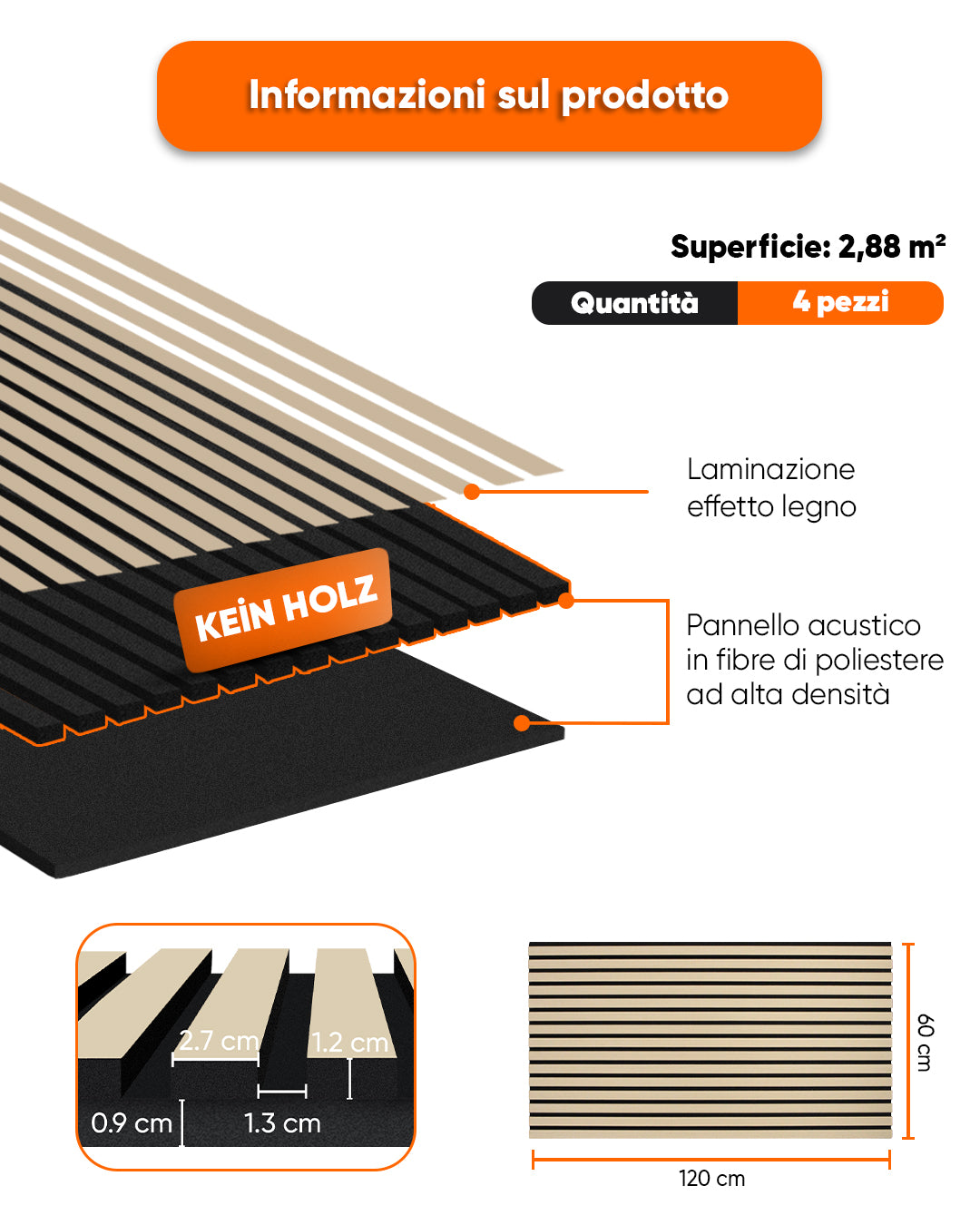 Pannelli Acustici da Parete in Feltro – Set da 4 – 120×60×2,1 cm – White Oak