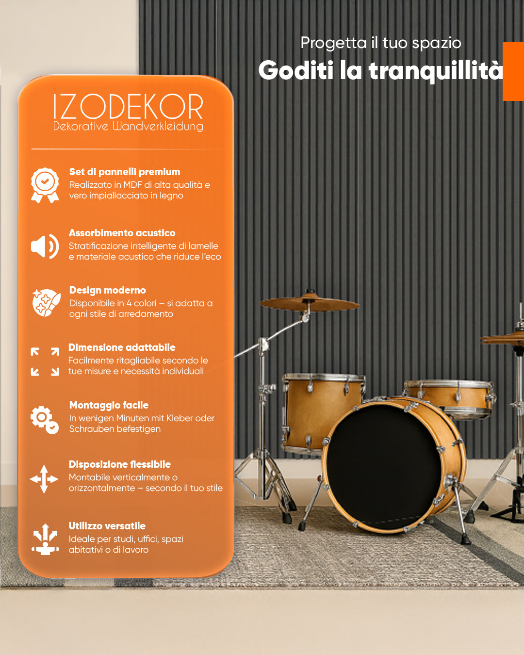 Pannello murale acustico in legno 3D set da 2 – Basalt